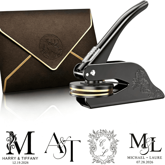 LQSEO Custom Embosser Wedding - Wedding Embosser Stamp for Card, Napkin, Invitation and Envelope, Personalized Stamp with Name, Date, Initials, Monogram and Your Own Logo, Unique Engagement Gift