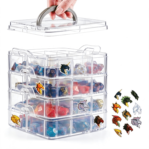 LQSEO Dnd Dice Storage Box with Removable Dividers Polyhedral Dice Plastic Organizer Holding Up to 1200 Dices Craft Bead Compartment Container with Stickers for Sewing,Jewelry,Art,Diy