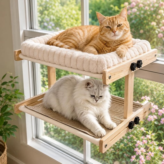 LQSEO Double Layer Cat Window Perch with 3 Interchangeable Mats|Bedside Sleeper,Adjustable Solid Wood Tree Cat Hammock for Small & Medium Breeds,Sturdy Window Bed(Plush,Sisal,Canvas)