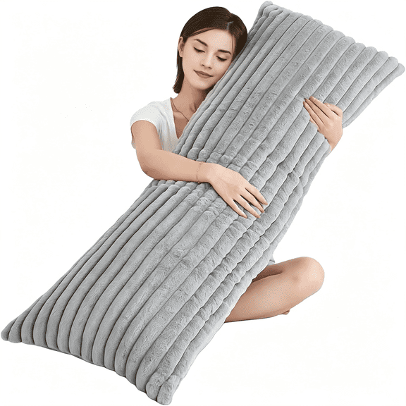 LQSEO Full Body Pillow with Fluffy Stripe Faux Fur Removable Cover,Long Bed Pillow Adult 20X54 Inches for Side Sleeper and Pregnancy,Fluffy Stripe Faux Fur Long Pillow for Bed Gray.