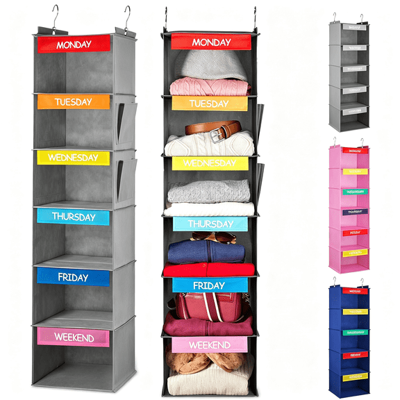 LQSEO Hanging Clothes Organizer for Kids - 6-Shelf Closet Daily Clothing Organization Labeled Shelves with Days of the Week Monday through Friday, Weekday and Weekend (Grey-Colored)
