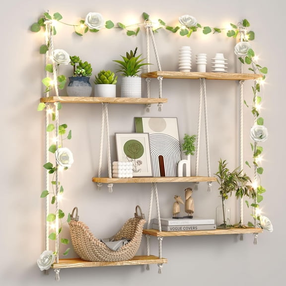LQSEO Hanging Shelves for Wall,Macrame Hanging Plant Shelf with Vine Lights 5 Tier Rope Floating Shelf Wood Organizer Storage Rack Boho Wall Decor Aesthetic for Succulents Bedroom