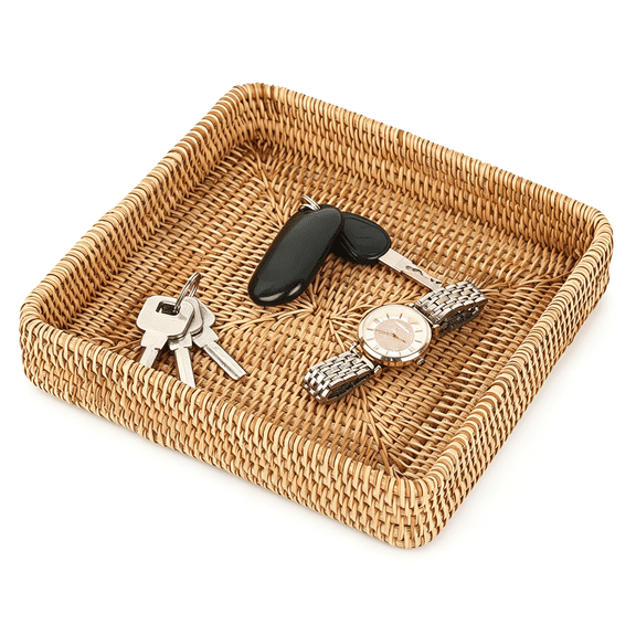LQSEO Key Basket Tray for Entryway Table Rattan Serving Tray Handwoven Wicker Baskets Vanity Trays Square Decorative Fruit Trays for Kitchen Counter Bedside Living Room Bathroom,8.1"