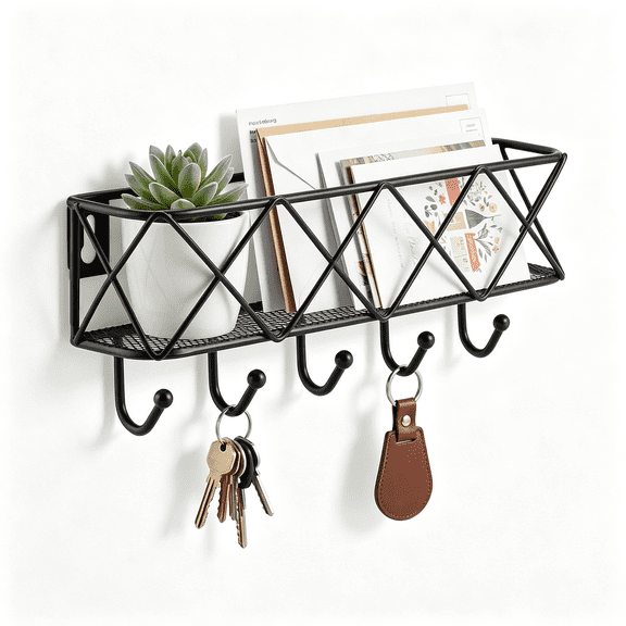 LQSEO Key Holder for Wall Decorative,Entryway Key Hooks,Wall Mounted Key Rack with 5 Hooks,Metal Wire Mesh Basket Mail Holder,9.8Lx2.1Wx4.1H