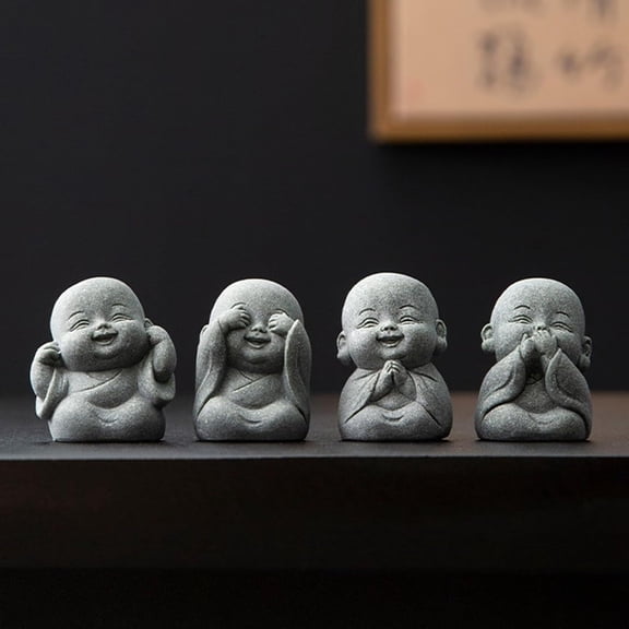LQSEO Laughing Buddha Statue Decor - 4Pcs Small Zen Monk Sandstone Buddha Sculpture for Wealth Good Luck Feng Shui Decor,Cute Zen Decoration for Home Office Desk Indoor and Outdoor(Gray)