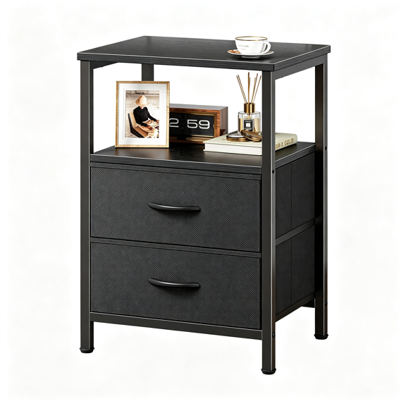 LQSEO Night Stand with 2 Drawers, Bed Side Table with Open Shelf, Wooden Top, Nightstand for Bedroom, End Table for Small Space, Fabric Drawer, Black, Classic Black Nightstand