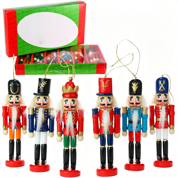 LQSEO Nutcracker Ornament 6 Pc-Hanging Christmas Mini Wooden Figures King and Soldier Nutcrackers with Gift Box,Festive Nutcracker Christmas Decor