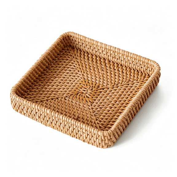 LQSEO Rattan Serving Tray,Square Woven Storage Basket,Wicker Baskets for Organizing,Natural Wicker Decorative Serving Baskets for Organizing Tabletop Bathroom Kitchen Counter Square