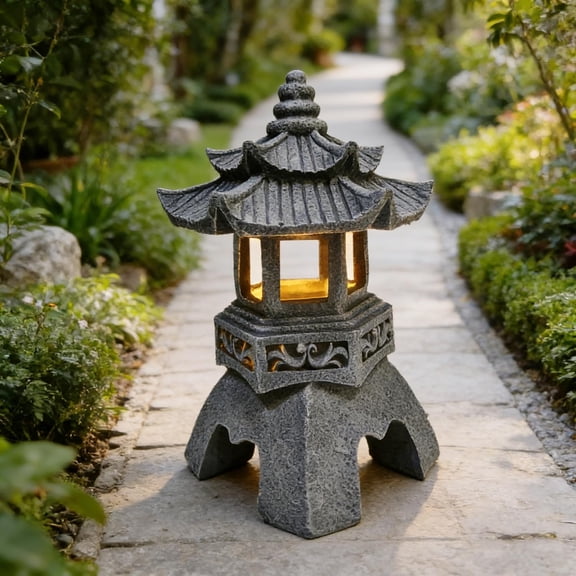 LQSEO Solar Pagoda Lantern Garden Statue: Japanese Zen Lantern Garden Decor-Led Figurine Lamp Pagoda Statue Figurine for Home Table Outdoor Decor Japanese Garden Decor