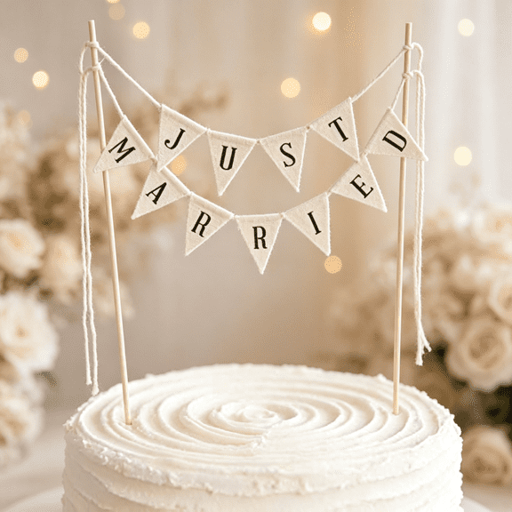 LQSEO Wedding Cake Topper Ivory Durable Cotton Wood Pole without Pink Rose|Handmade Pennant Flags Cake Topper for Family Party Vintage Affair Rustic Just Married Wedding Cake Or Cheese Bunting