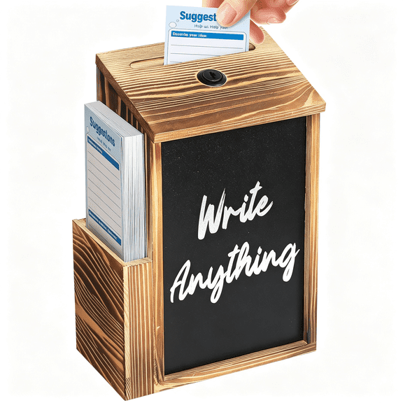 LQSEO Wood Suggestion Box, Donation Box with Key Lock | Prayer Box with Chalkboard and 50 Suggestion Cards, Wooden Ballot Box for Fundraising, Wedding Church & Classroom