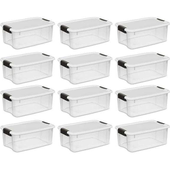 LQT Clear 18 Qt Plastic Stackable Storage Bin, White, 12 Count Pack