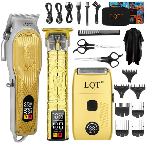 LQT Hair Clipper for Men, Professional 3-in-1 Grooming Kit with Trimmer, Detailer & Shaver, 7 Guards, Scissors, Comb, Cape, Cleaning Brushes Gold