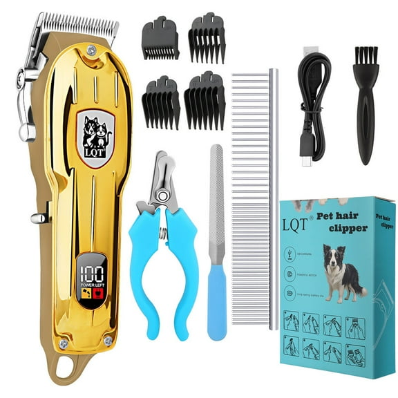 LQT Pet Hair Clippers Cordless, Dog Grooming Kit with 4 Guard Combs & Nail Trimmer Gold