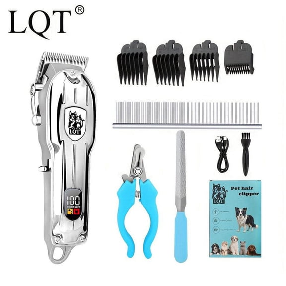 LQT Pet Hair Clippers Cordless, Dog Grooming Kit with 4 Guard Combs & Nail Trimmer Silver
