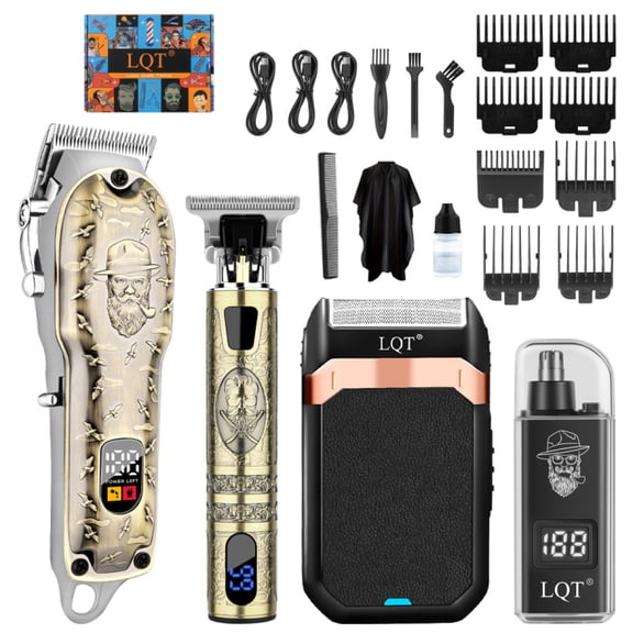 LQT Professional Hair Clippers Set for Men, 4-in-1 Cordless Barber Kit with Hair Clipper, T-Blade Trimmer, Foil Shaver & Nose Trimmer, LED Display, Guide Combs and Barber Cape for Home Salon Use