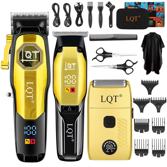 LQT hair clipper for Men, rechargeable 3-in-1 grooming kit, includes trimmer, shaver, LED power display, 7 guide combs, and various barber tools.Gold