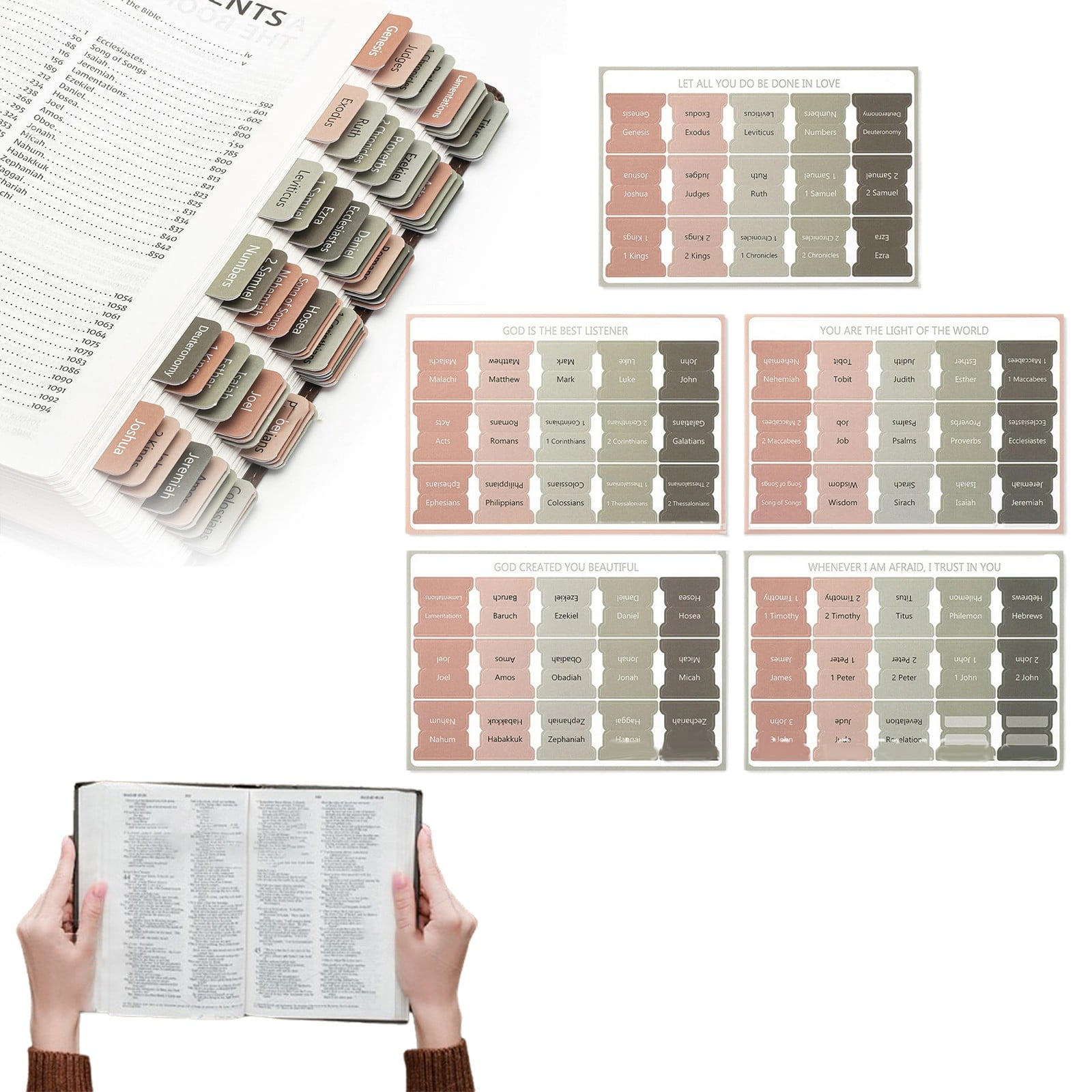 Bible Tabs With Large Print - 66 Repositionable Laminated Tabs (Old & New Testament) + 9 Blanks, Easy Navigation, Little Flower Design