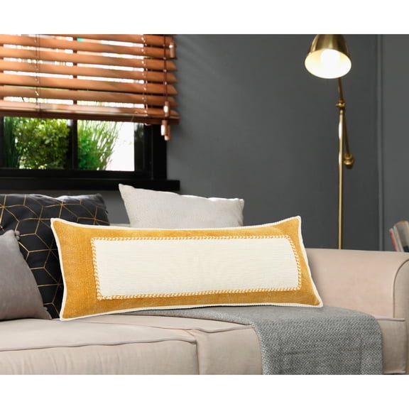 Laddha Home Designs Hand Stitched Geometric Cotton Lumbar Pillow Cover - 36" - Yellow and White