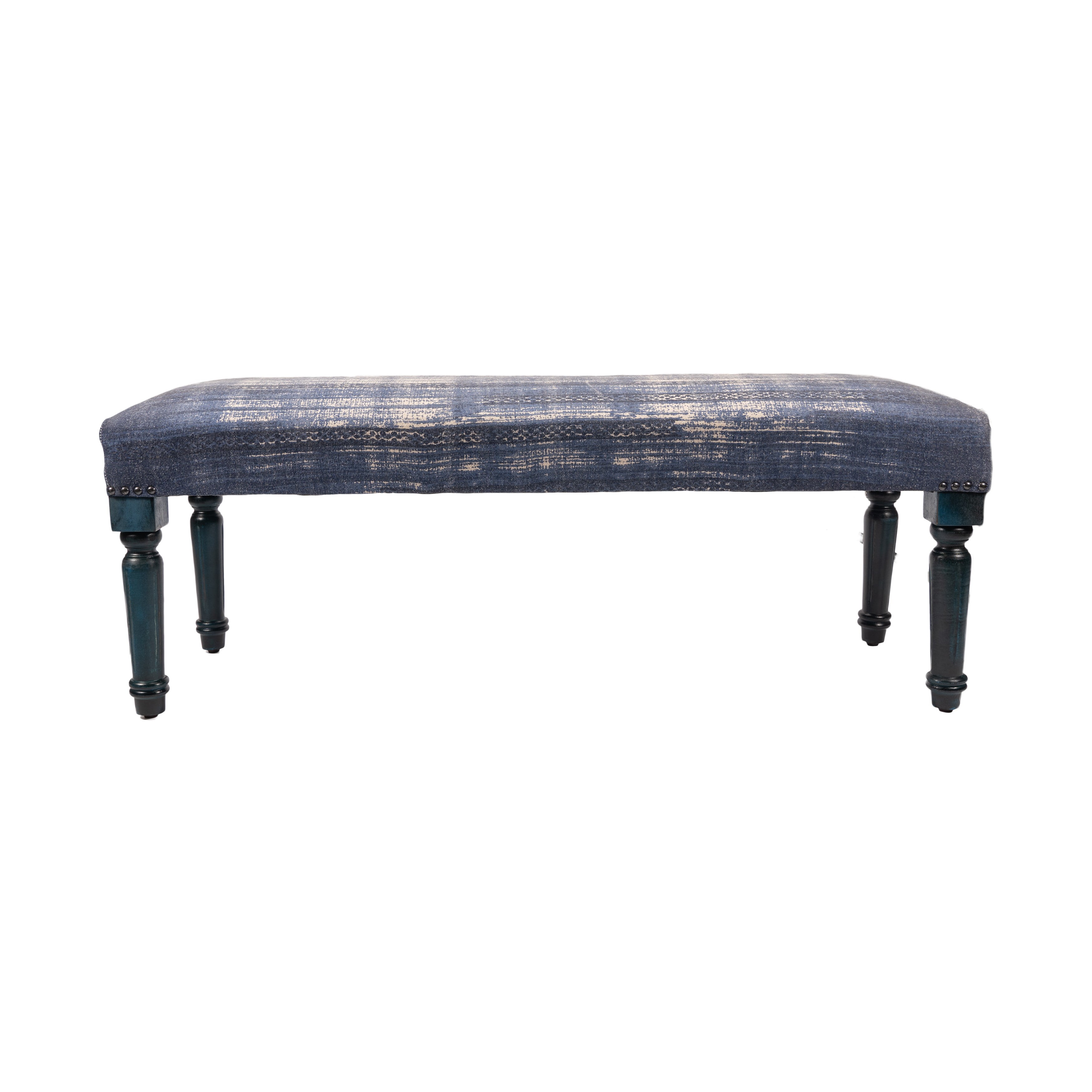 Distressed Antique Blue Cotton Bench with Stylish Legs