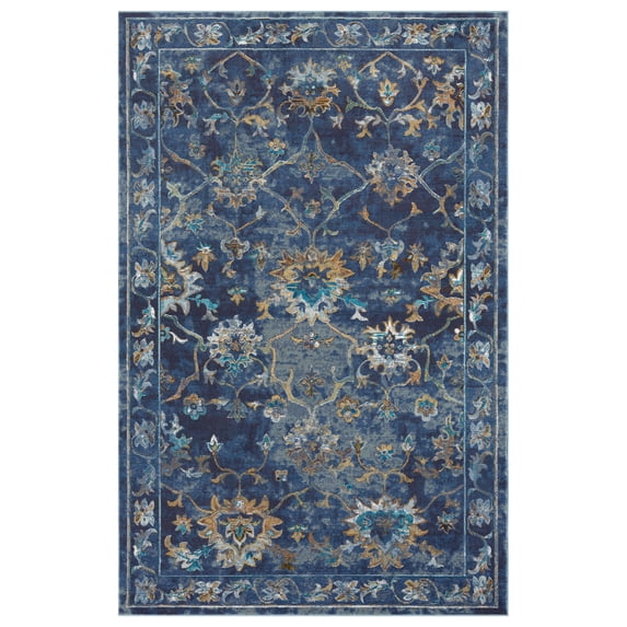 LR Home Ada 5' x 8' Indigo Bordered Floral Adult Durable Indoor Area Rug
