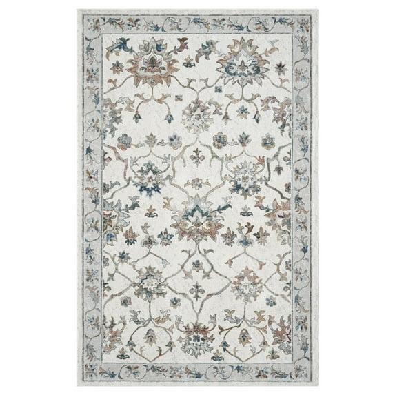LR Home Ada 5' x 8' Ivory Bordered Floral Durable Indoor Area Rug