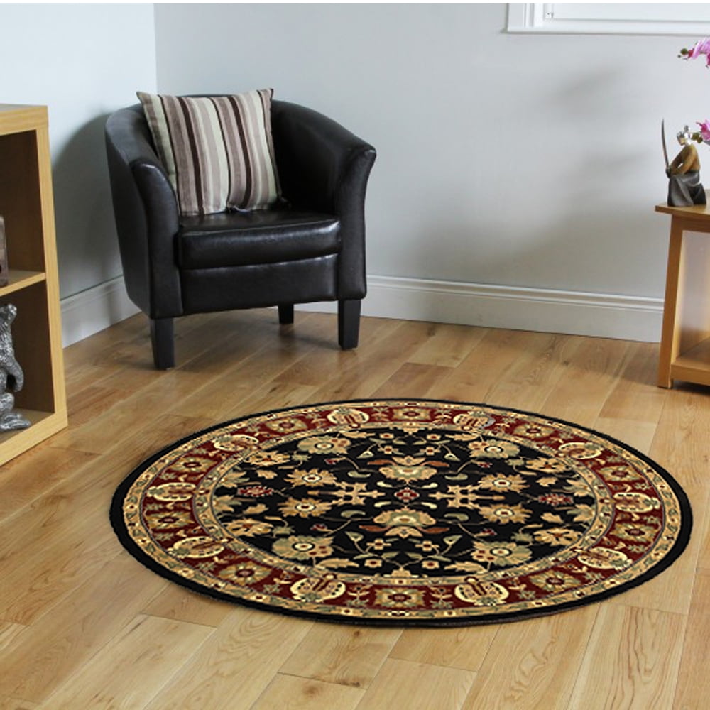 Adana 6'2" Round Black and Red Floral Synthetic Rug