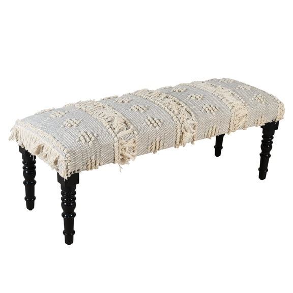 LR Home Analia 47" Upholstered Accent Bench, Cream/Gray Stripes with Fringe, 16"D x 18"H x 47"W
