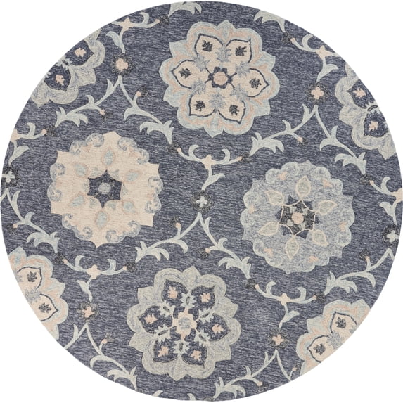 LR Home Aiden 7'3" Round Dark Gray/Blue Floral Wool Indoor Area Rug