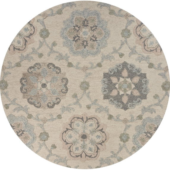 LR Home Aiden 7'3" Round Silver/Cream Floral Wool Indoor Area Rug