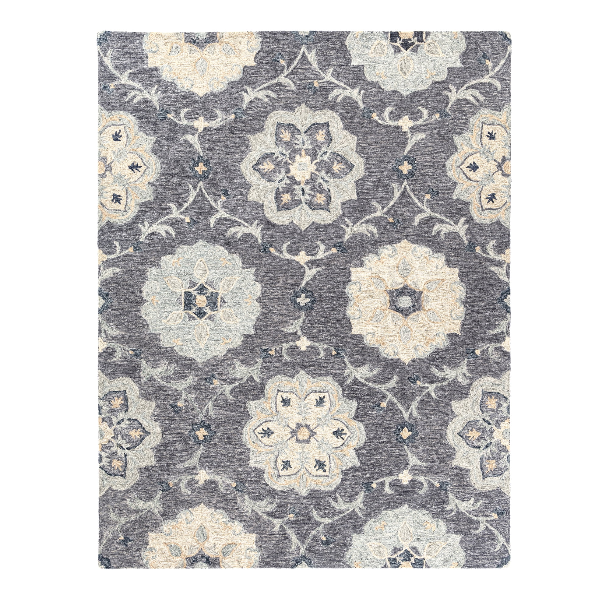 LR Home Aiden 7' x 9' Dark Gray/Blue Floral Wool Indoor Area Rug ...