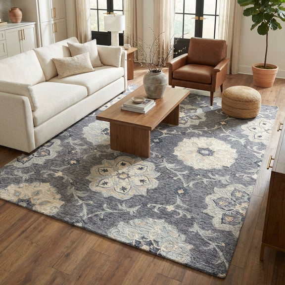 LR Home Aiden 7' x 9' Dark Gray/Blue Floral Wool Indoor Area Rug