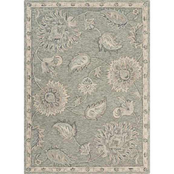 LR Home Aiden 7' x 9' Gray/Blue Floral Wool Indoor Area Rug