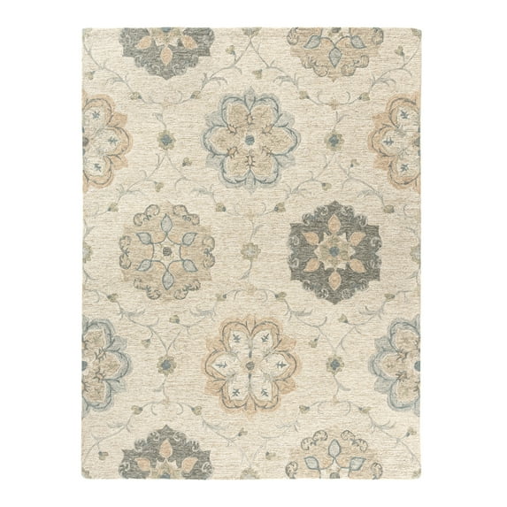 LR Home Aiden 7' x 9' Silver/Cream Floral Wool Indoor Area Rug