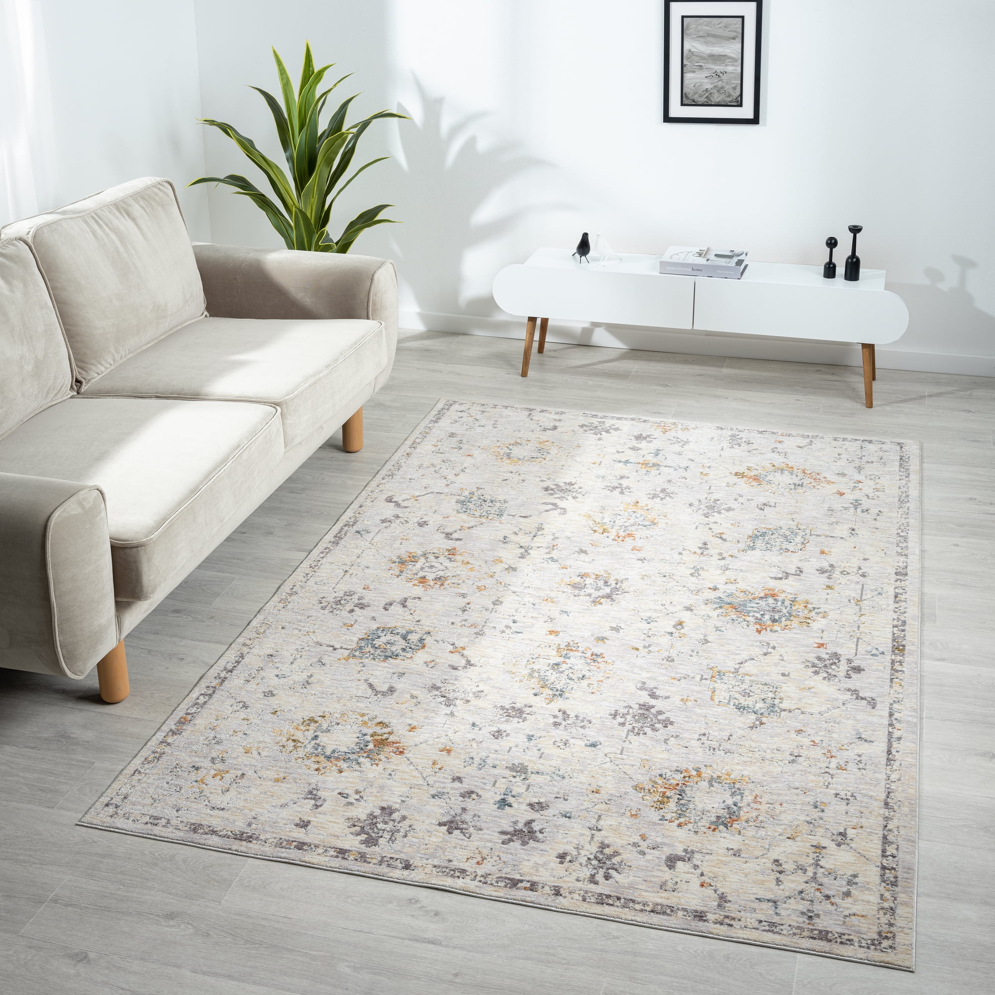 LR Home Alison Aries Bordered Floral Indoor Polyester Area Rug, Gray/Blue, 2'6" x 8'