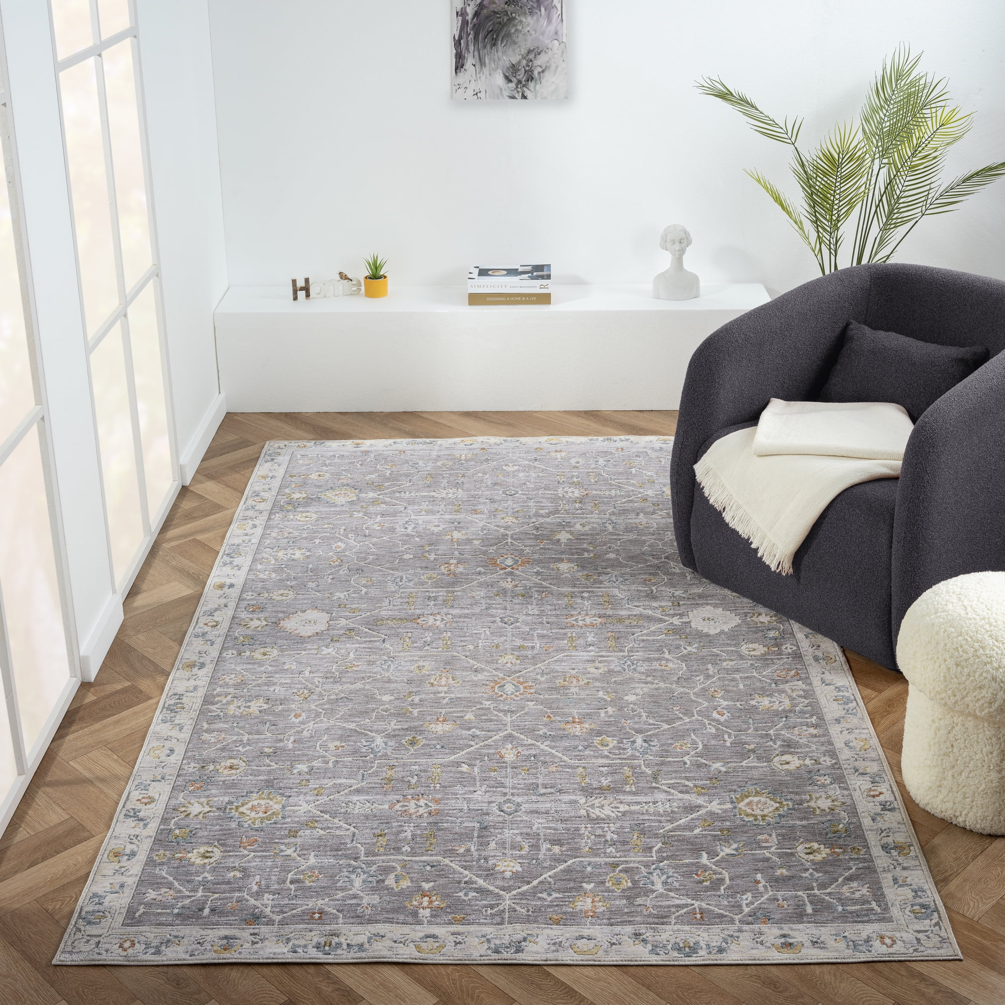 LR Home Alison Roy Bordered Floral Indoor Polyester Area Rug, Gray/Ivory, 5' x 8'