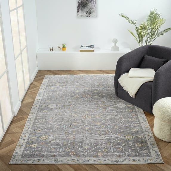 LR Home Alison Roy Bordered Floral Indoor Polyester Area Rug, Gray/Ivory, 9' x 12'