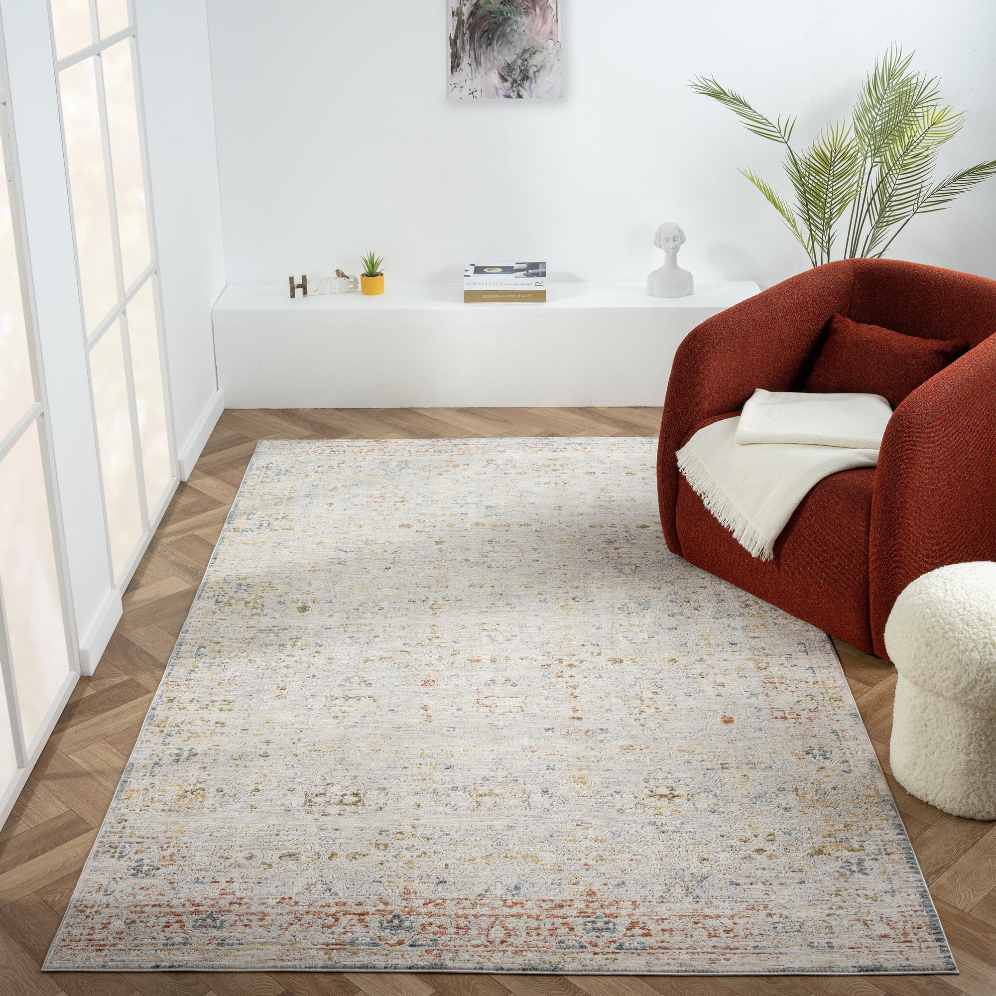 LR Home Alison Sandy Bordered Floral Indoor Polyester Area Rug, Light Gray/Blue, 10' x 14'