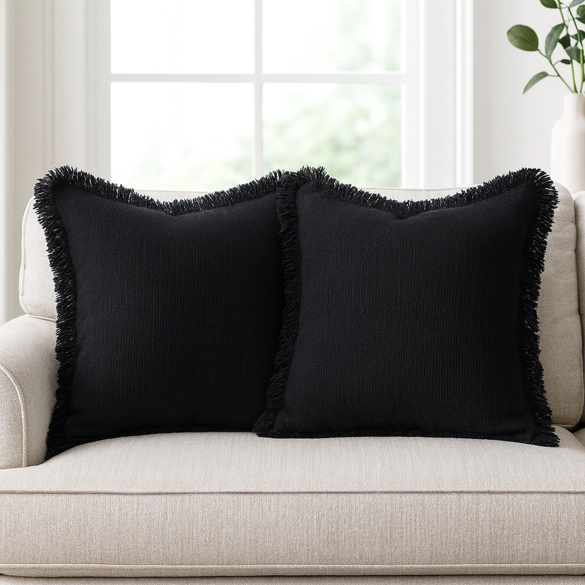 Laddha Home Designs Handwoven Solid Fringe Edge Cotton Throw Pillow - 20" - Black - Set of 2