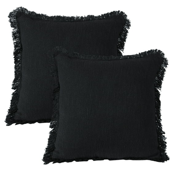 LR Home Bennett Set of 2 Fringed 20" x 20" Jet Black Cotton Adult Decorative Throw Pillows