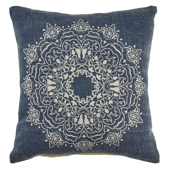 LR Home Ava 20" x 20" Blue/White Medallion Cotton Adult Decorative Throw Pillow