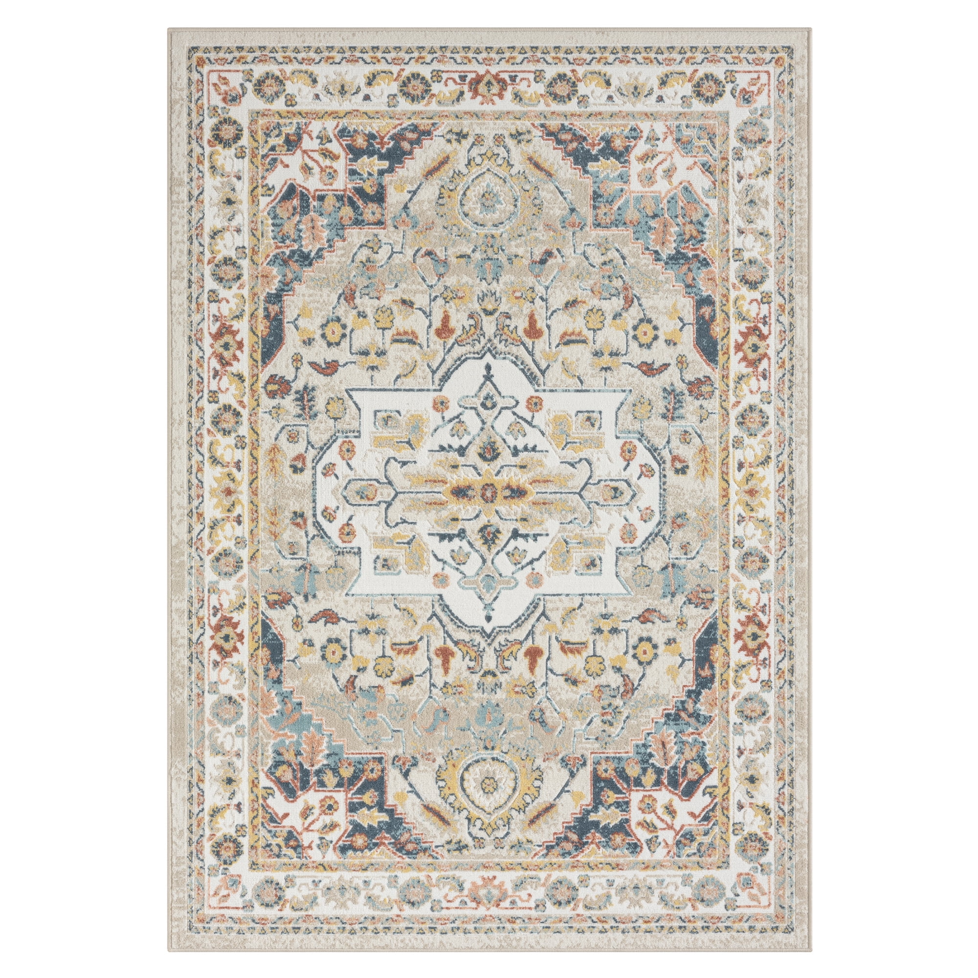 Arcady 5' x 8' Ivory and Blue Synthetic Rectangular Area Rug