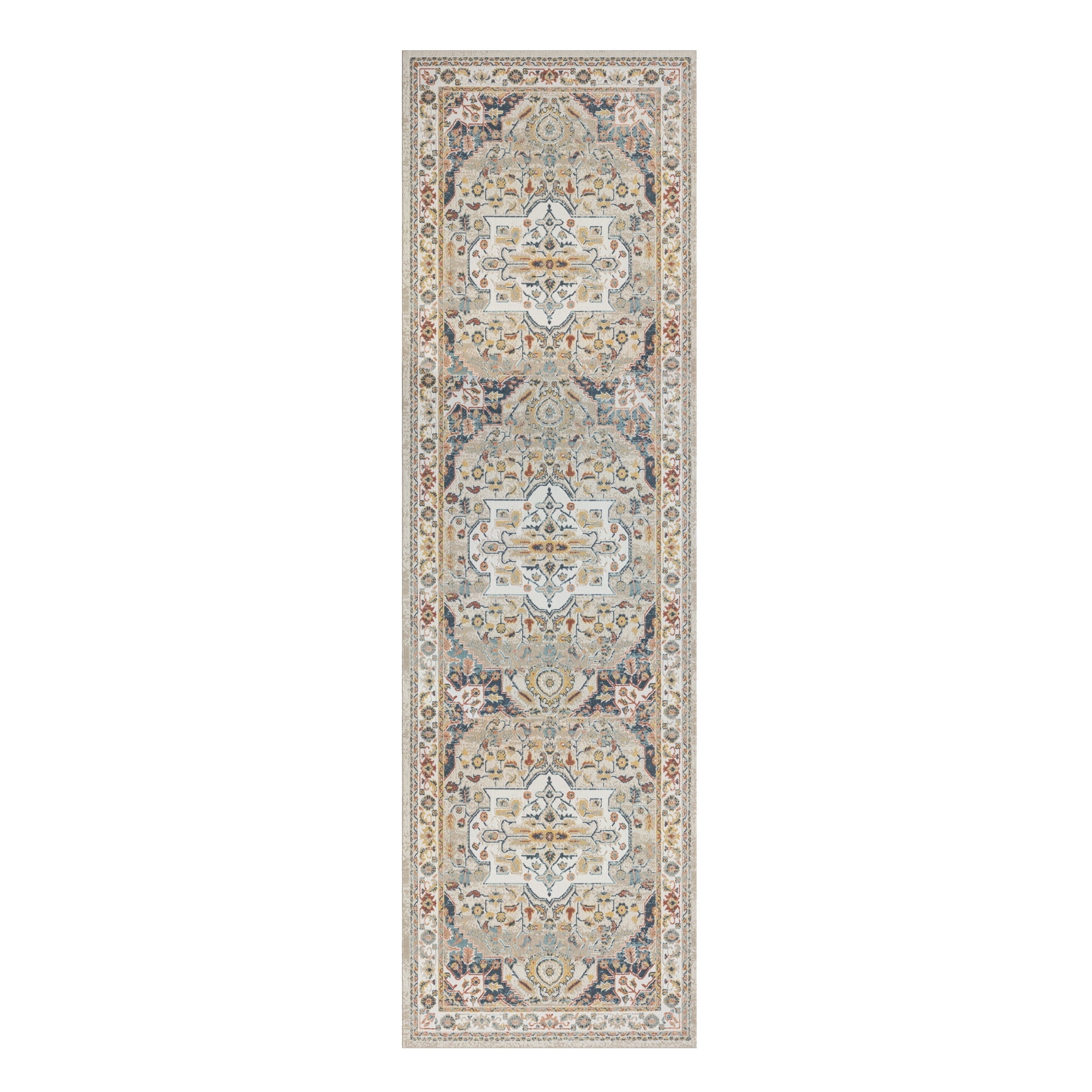 Arcady Ivory and Blue Synthetic Medallion Runner Rug