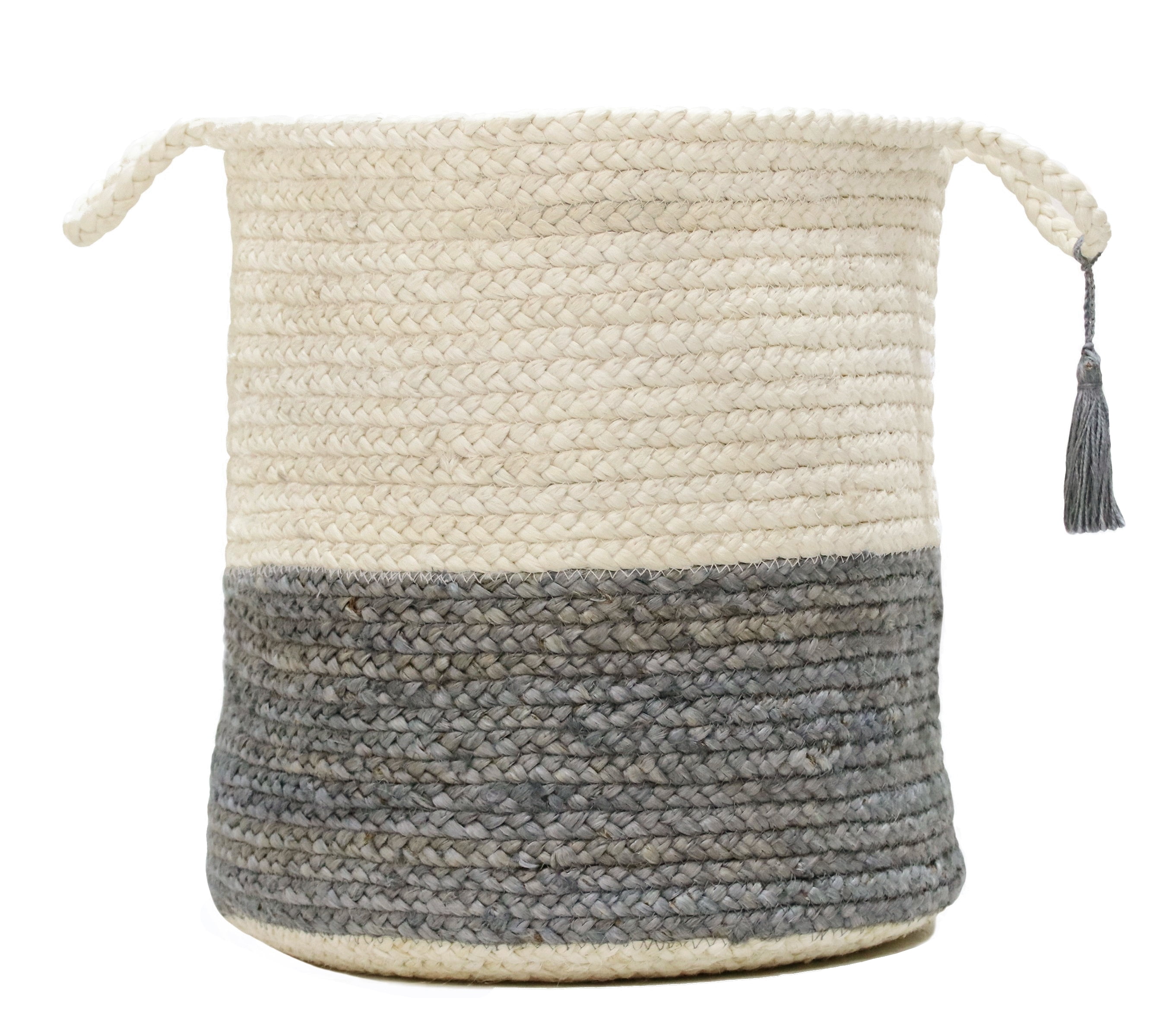 Handwoven Round Gray and Off-White Jute Storage Basket with Loop Handles