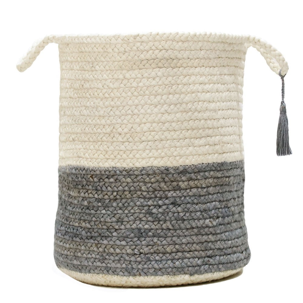 Handmade Round Jute Storage Basket with Gray and White Stripes