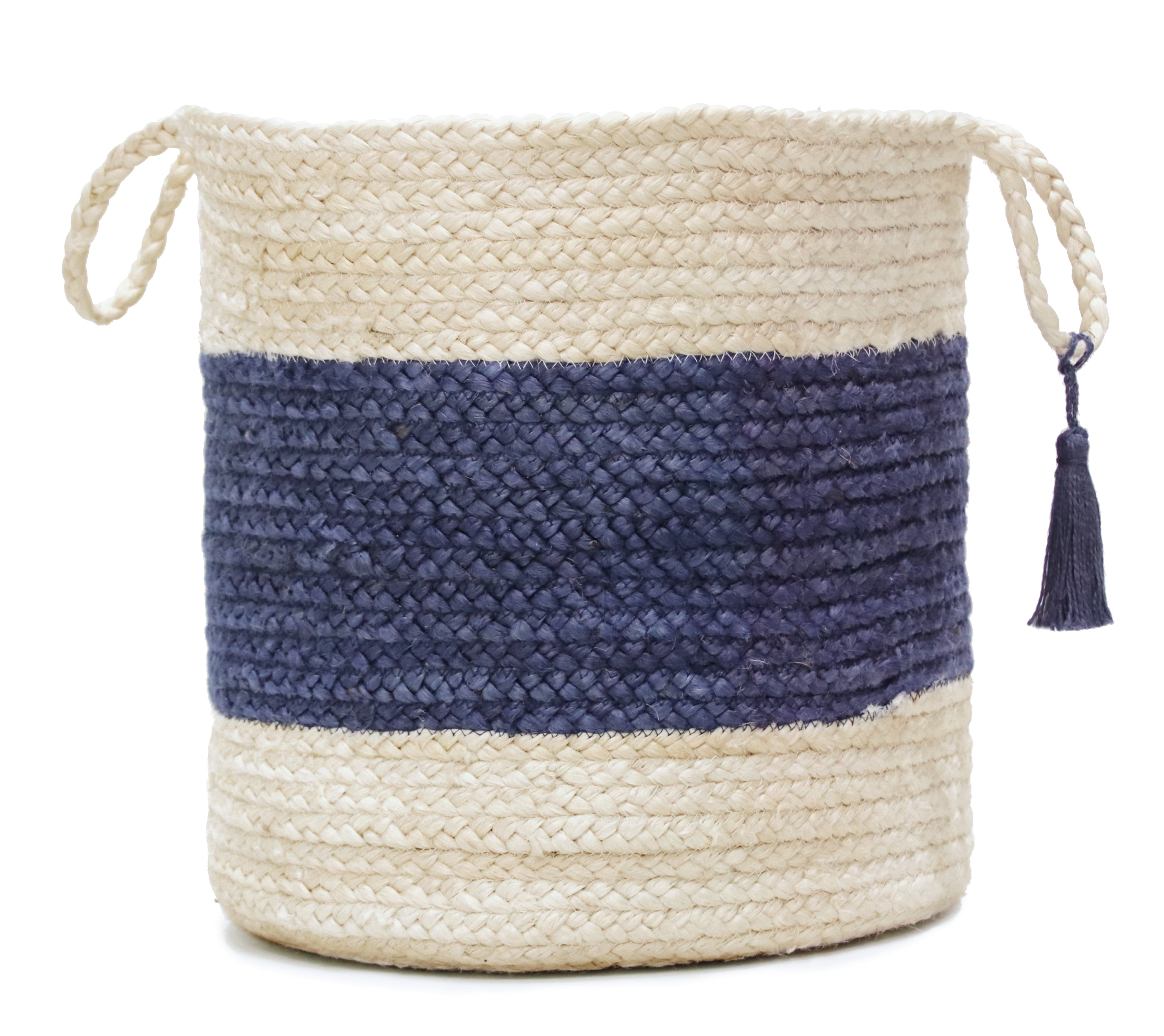 17" Round Blue and White Jute Storage Basket with Handles