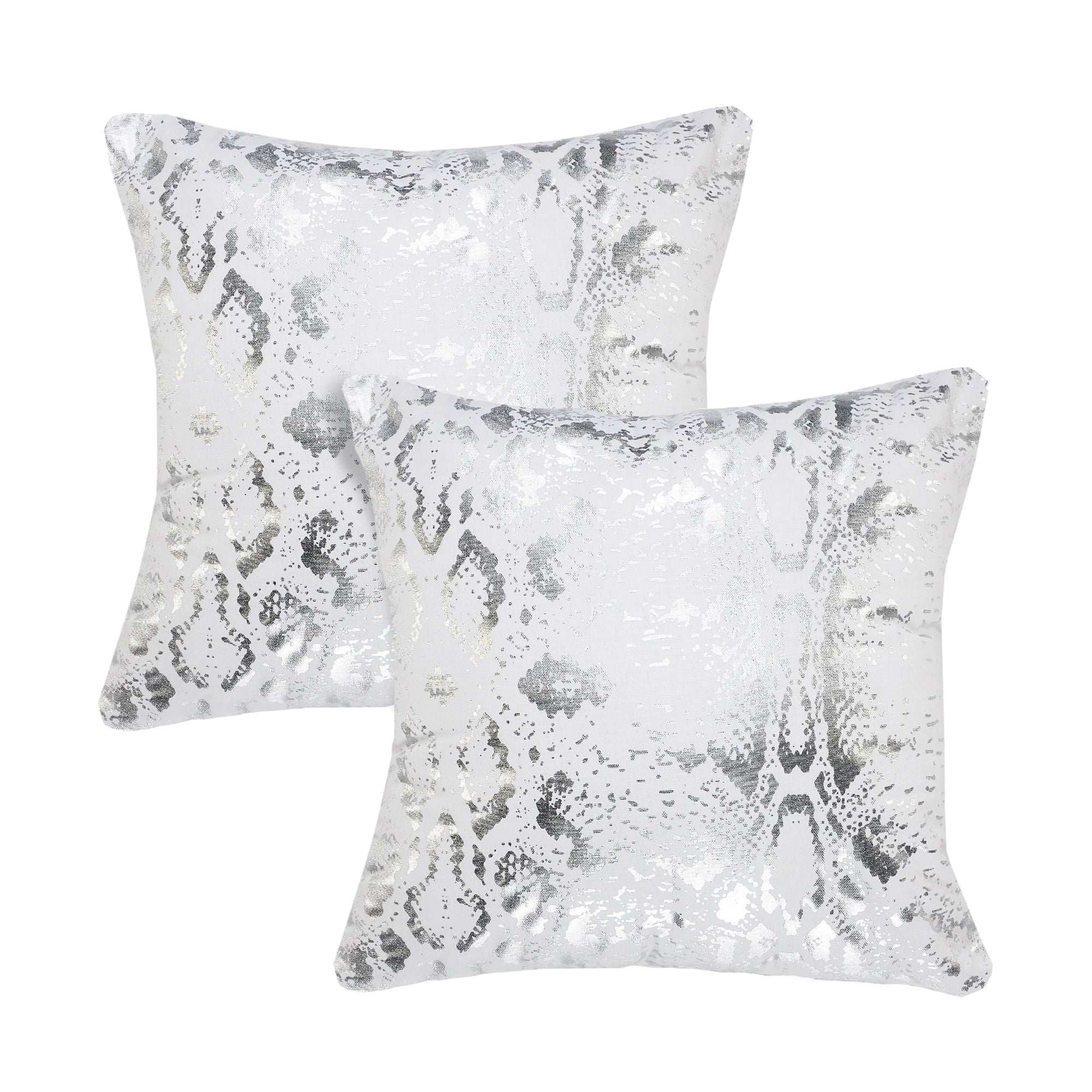 White Silver Cotton Snakeskin Throw Pillow Set, 20" x 20"