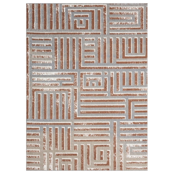 LR Home Beige/Rust Modern Geometric Performance Washable Indoor Area Rug