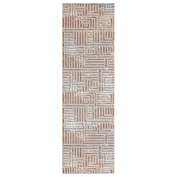 LR Home Beige/Rust Modern Geometric Performance Washable Indoor Area Rug