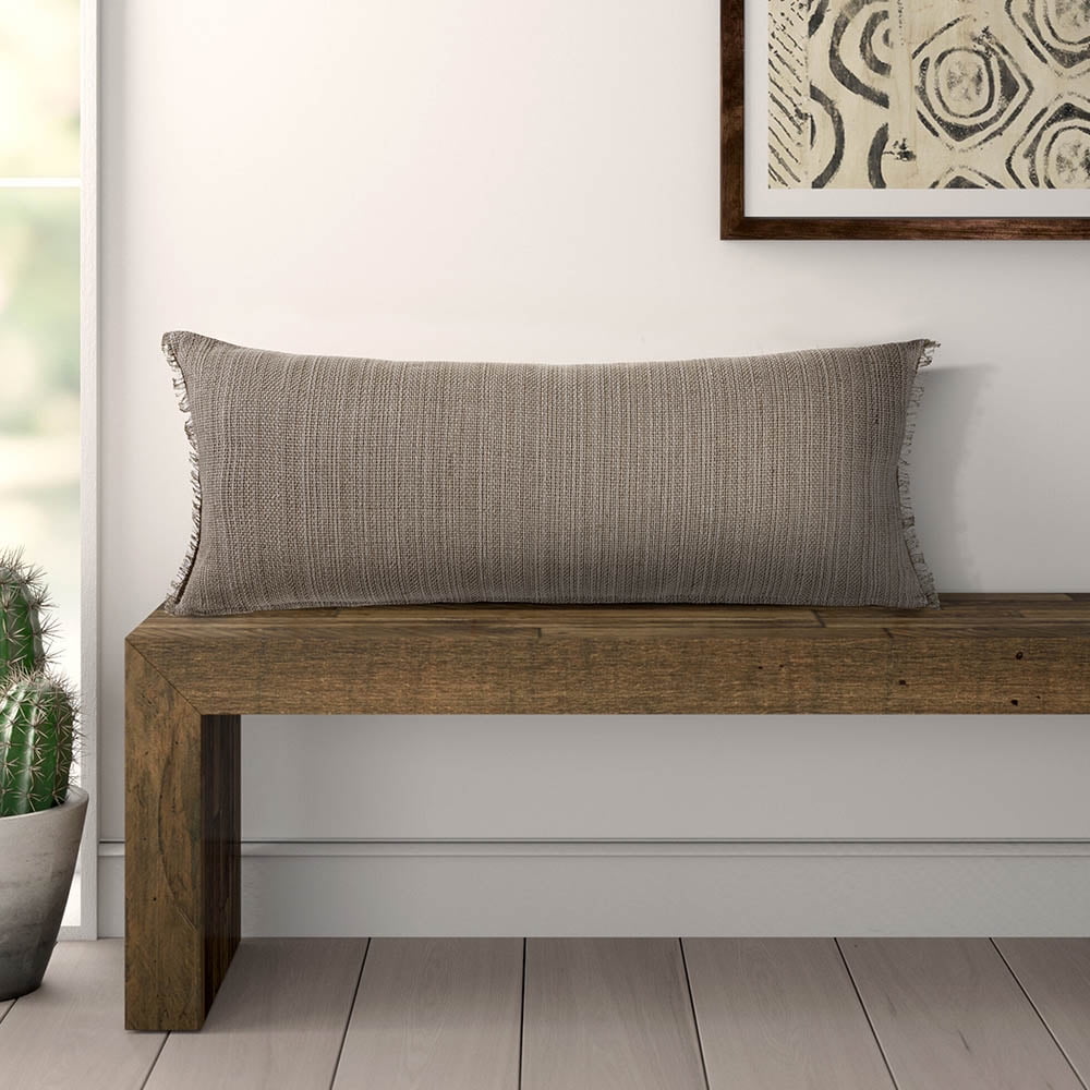 LR Home Bennett 14" x 36" Tan Fringed Linen Blend Adult Decorative Lumbar Throw Pillow Cover